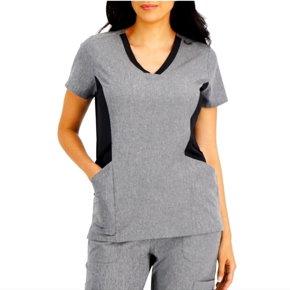 Hanes Comfort Fit Women's V-Neck‎ Rib Scrub Top Black Grey Small New With Tags